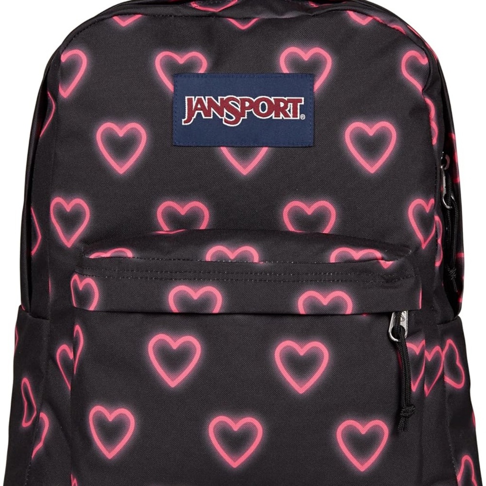 Jansport Black Backpack with Pink Heart Pattern